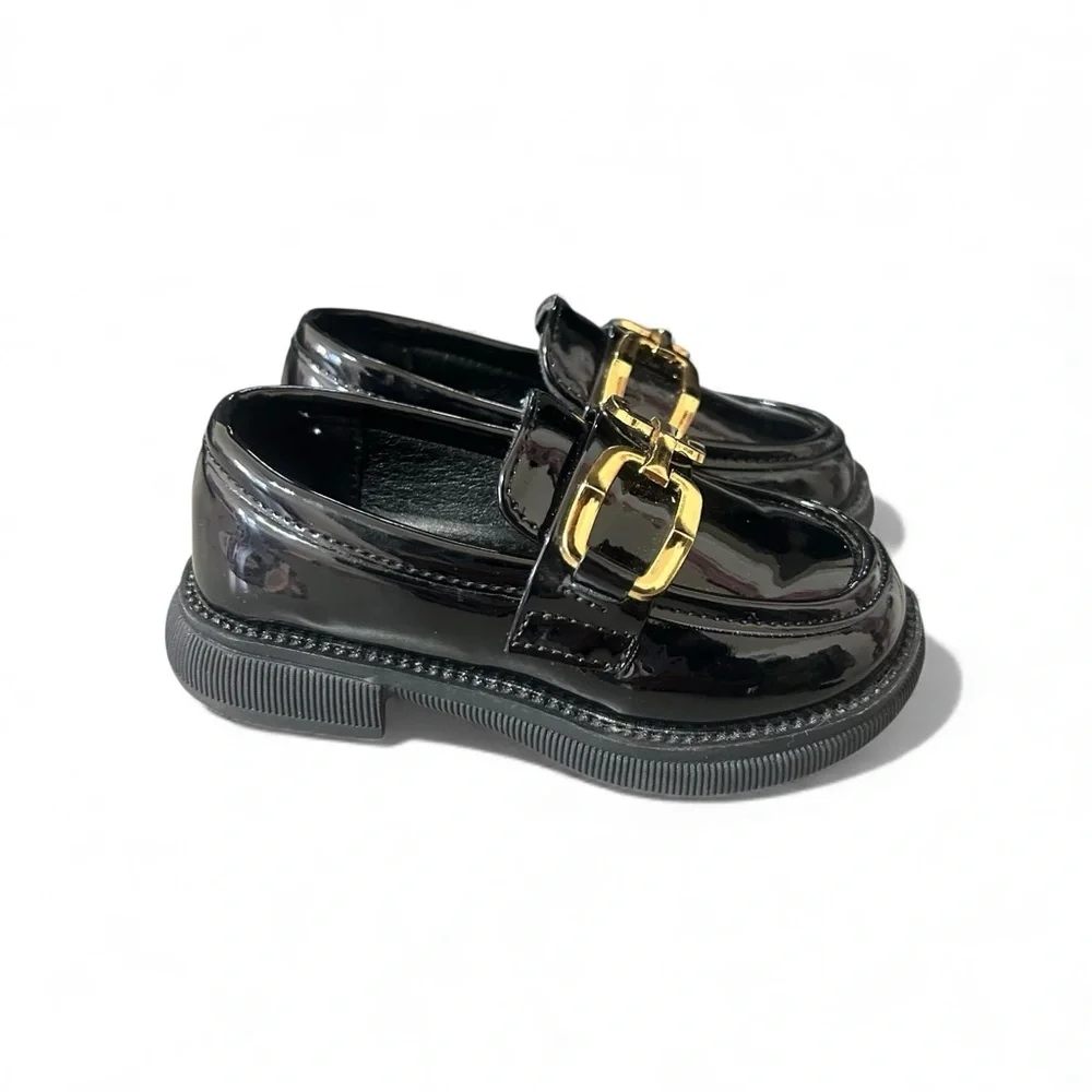 New Oamico Toddler Girls 7 Shiny Black Gold Buckle Slide On Loafer Dress Shoes